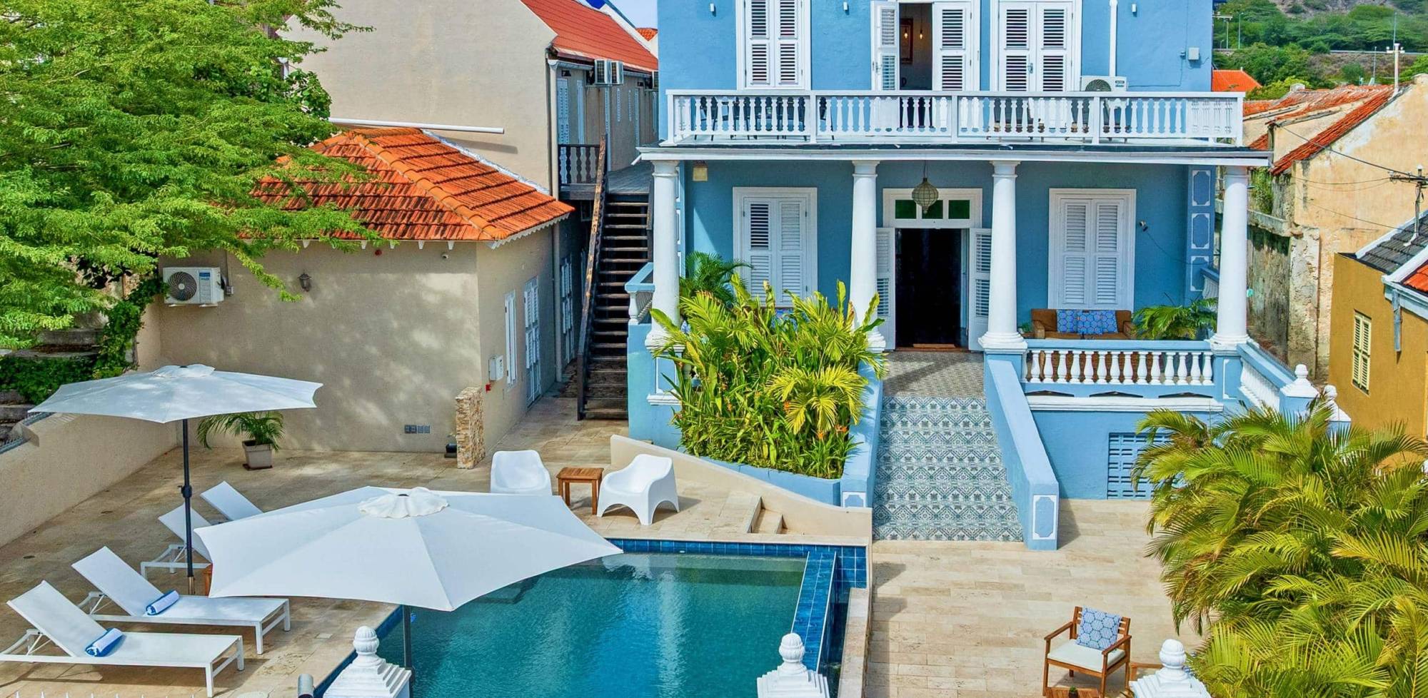 Aerial view of Atelier Skalo Boutique Hotel in Willemstad, Curaçao